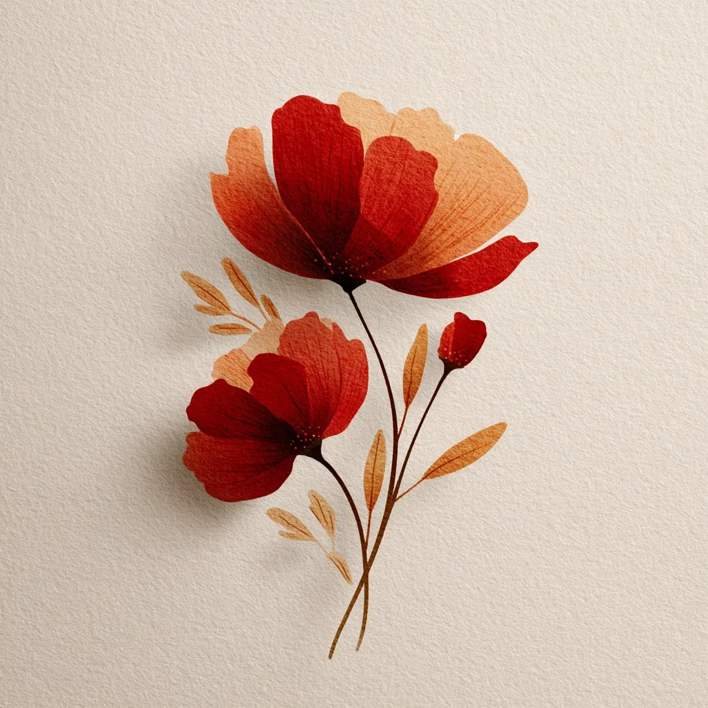 An illustration showcases a stylized floral arrangement against a textured beige backdrop.  Two prominent red flowers, with subtle orange hues, dominate the composition.  Delicate, muted orange-brown leaves and stems complete the design, creating a minimalist yet elegant botanical image.  The flowers have a soft, almost watercolor-like quality. The overall style is modern and refined.