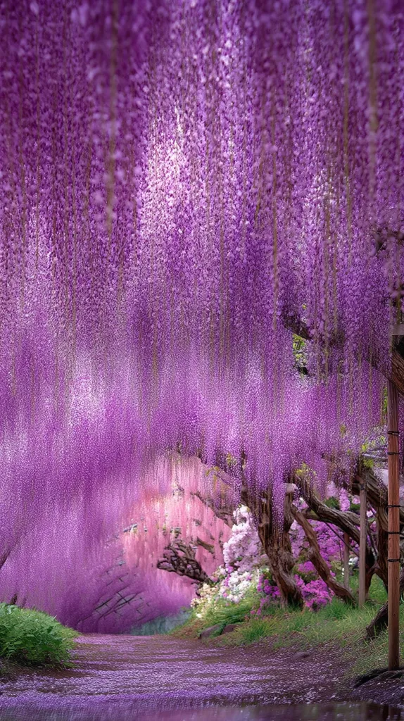 A breathtaking tunnel of vibrant purple wisteria blossoms creates a magical pathway.  The cascading flowers form a dense canopy overhead, with fallen petals carpeting the ground below.  Lush greenery and other flowering plants frame the scene, adding depth and contrast to the overwhelmingly purple spectacle. The path invites a journey through this enchanting, floral wonderland.