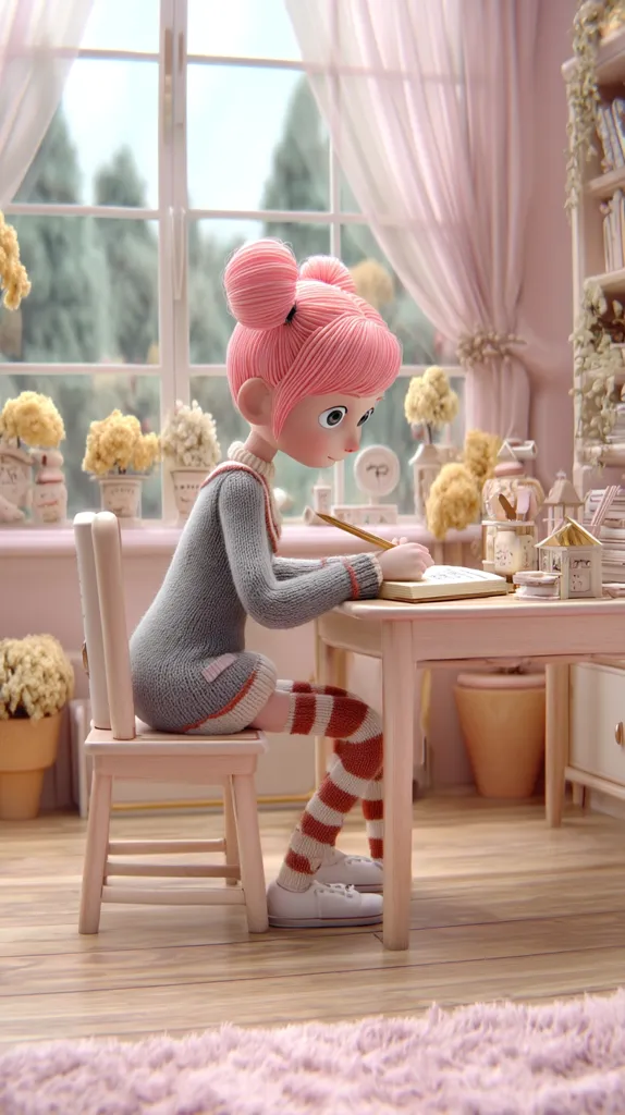 A cute, pink-haired doll sits at a small wooden desk in a pastel-colored room, diligently writing in a notebook.  She wears a grey sweater and striped socks, and her surroundings are filled with miniature plants, books, and other charming details.  Sunlight streams through a nearby window, illuminating the cozy, whimsical scene.  The overall aesthetic is sweet and delicate.