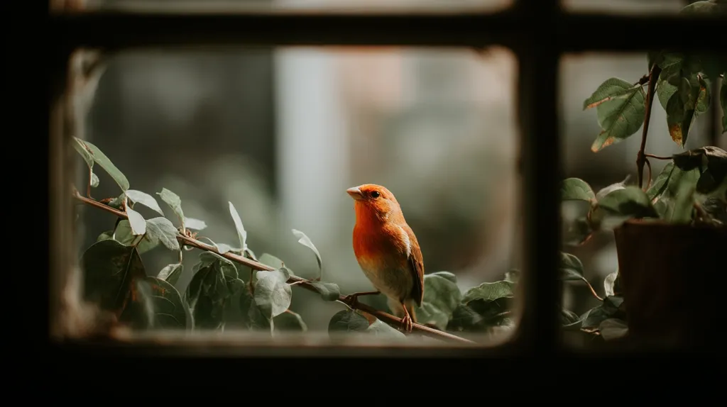 A vibrant orange bird perches on a branch of a leafy plant, viewed through a rustic window frame.  The soft, muted background contrasts with the bird's bright plumage. The scene is tranquil and evokes a sense of peaceful observation of nature from within a cozy interior.  The windowpanes create a natural frame, highlighting the bird as the central focus.