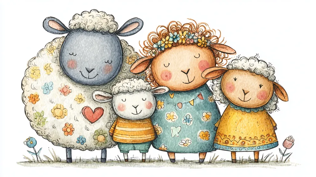 A charming watercolor illustration depicts a sheep family.  The father sheep is dark grey with a floral-patterned fleece.  The mother sheep sports a flower crown and teal dress.  Their two children, a boy and girl, are dressed in striped and yellow outfits respectively.  The family stands together in a grassy field, exuding warmth and affection.  The style is whimsical and endearing, perfect for children's books or cards.