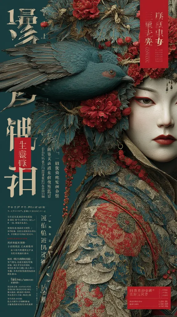 A captivating poster features a woman in elaborate, ornate attire, adorned with intricate floral headwear and a teal bird.  The style evokes a blend of traditional Chinese aesthetics and modern digital artistry.  The rich color palette of reds, golds, and teals creates a visually striking and luxurious image.  The text, primarily in Chinese, adds to the artistic composition.