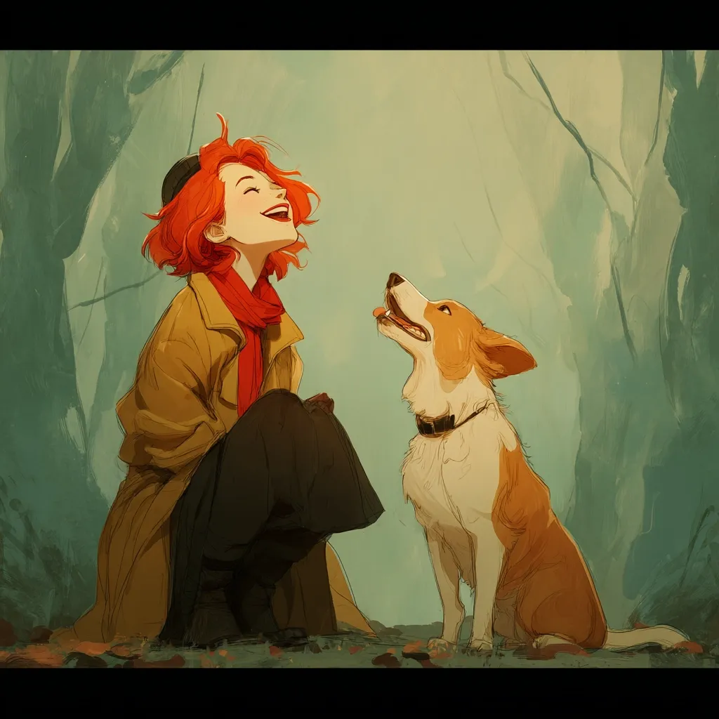 A vibrant illustration depicts a joyful redhead woman, clad in a tan coat and red scarf, crouching and laughing heartily.  Beside her sits a cheerful corgi, gazing up at her with an equally happy expression. The background suggests a serene forest setting with muted greens and browns, enhancing the overall warm and amiable mood of the piece. The style is painterly and evocative, emphasizing the connection between the woman and her dog.