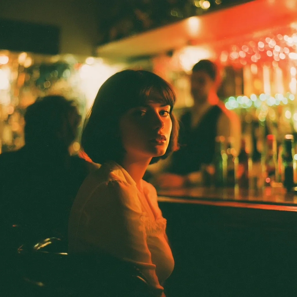 A young woman with short dark hair sits at a dimly lit bar, bathed in warm, orange light.  The background is blurred, showing a bar scene with bottles and a partially visible bartender.  Her expression is serious and contemplative, her gaze directed slightly away from the camera. The overall mood is intimate and atmospheric.