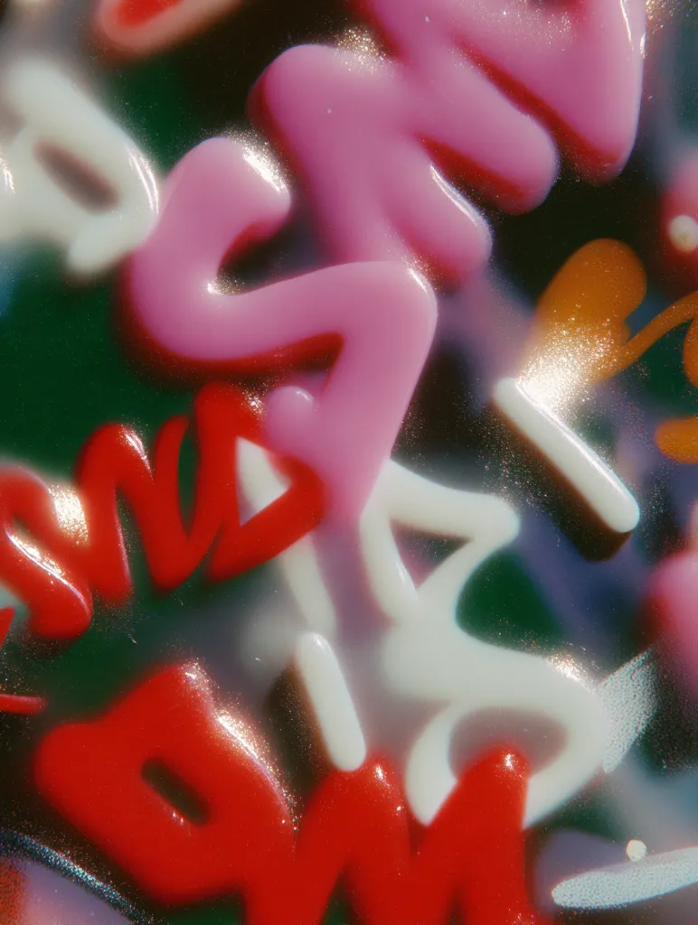 A close-up shot reveals a vibrant, abstract composition of glossy, three-dimensional letters.  The letters, in shades of pink, red, and off-white, overlap and intertwine, creating a dynamic, almost liquid effect.  The surface is highly reflective, with subtle glints of light highlighting the rounded forms of the letters.  The background is dark, allowing the colorful lettering to stand out prominently.  The overall impression is one of playful energy and bold color.
