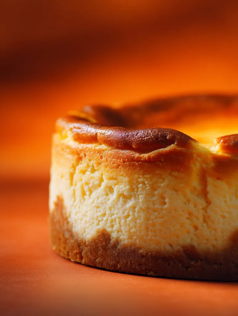 A close-up shot reveals a delectable cheesecake, its creamy, pale-yellow filling subtly browned on top.  The crust, a rich golden-brown, provides a textural contrast.  The warm, orange background enhances the cheesecake's inviting appearance, highlighting its smooth texture and tempting aroma.  The image emphasizes the dessert's rich color and depth.