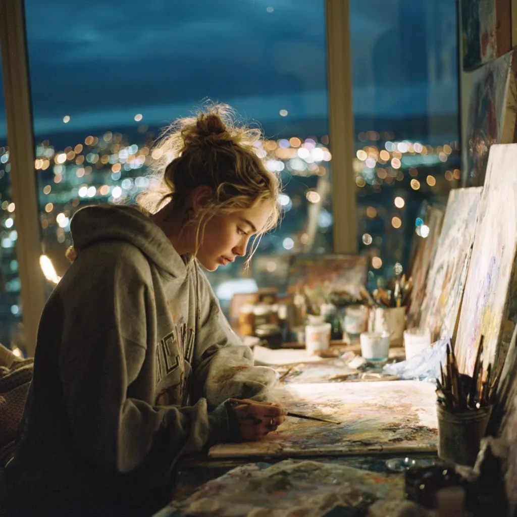 A young woman with her hair in a bun sits at a desk in front of a large window overlooking a city at night.  She's wearing a gray hoodie and is intently focused on painting on a canvas.  Art supplies are scattered around her, bathed in the warm glow of the indoor lights against the backdrop of twinkling city lights.  The overall ambiance is cozy and creative.