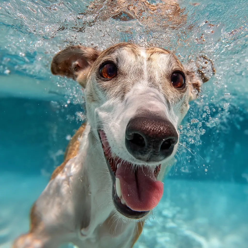 An underwater close-up shot captures a Whippet dog swimming.  Bubbles surround its face, which is contorted in a joyful expression with its tongue hanging out. The dog's coat is a mix of tan and white, and the vibrant turquoise water creates a striking contrast. The image conveys a sense of playful energy and the dog's clear enjoyment of the water.