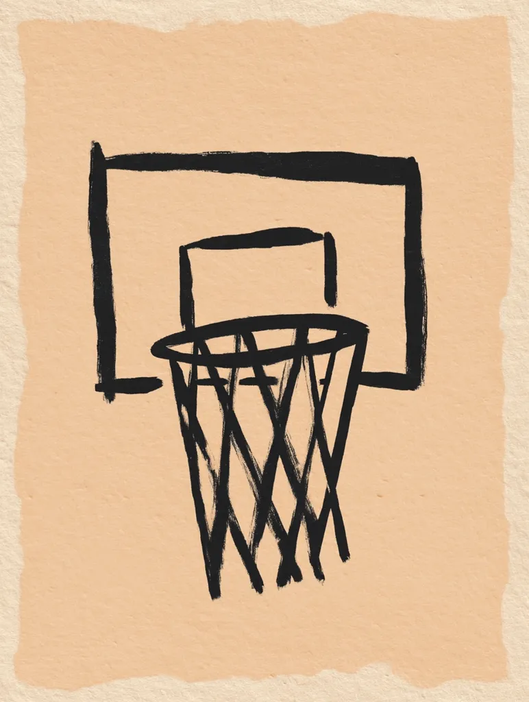A minimalist illustration of a basketball hoop, rendered in bold black brushstrokes against a pale peach background. The backboard and net are depicted with a loose, expressive style, suggesting movement and energy.  The simple composition and textured background create a visually appealing piece with a sporty theme.