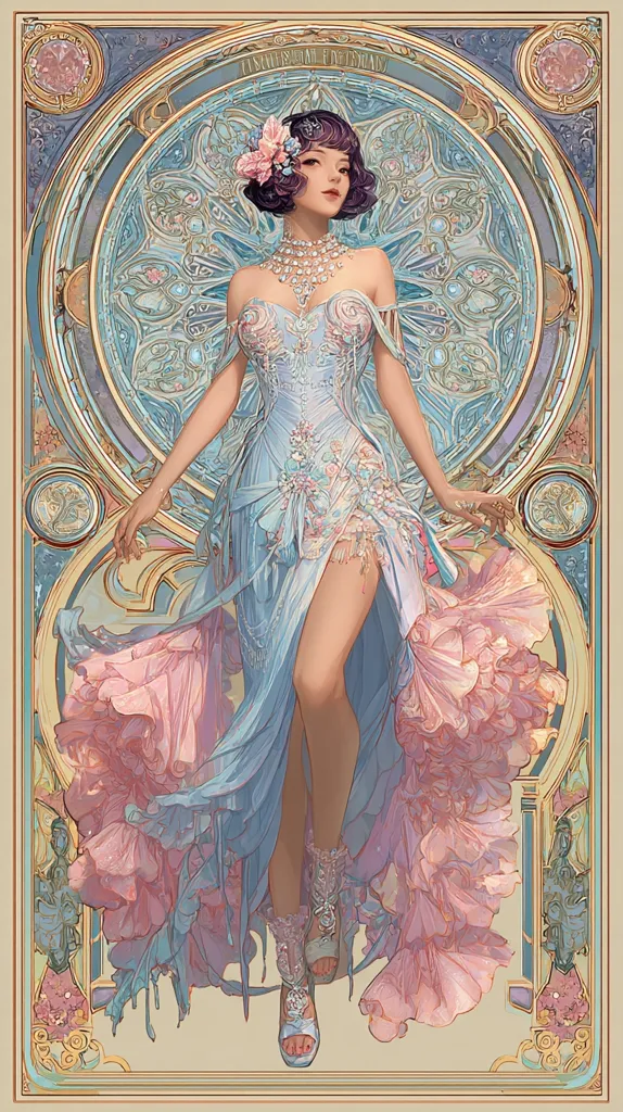 A woman in a pale blue Art Nouveau-style gown stands elegantly.  Her dress features delicate floral embellishments and a voluminous, ruffled skirt in soft pink. She wears ornate jewelry and high-heeled shoes.  The background is an intricate Art Nouveau design with swirling lines, floral motifs, and a circular pattern reminiscent of stained glass.  The overall style is dreamy and romantic.