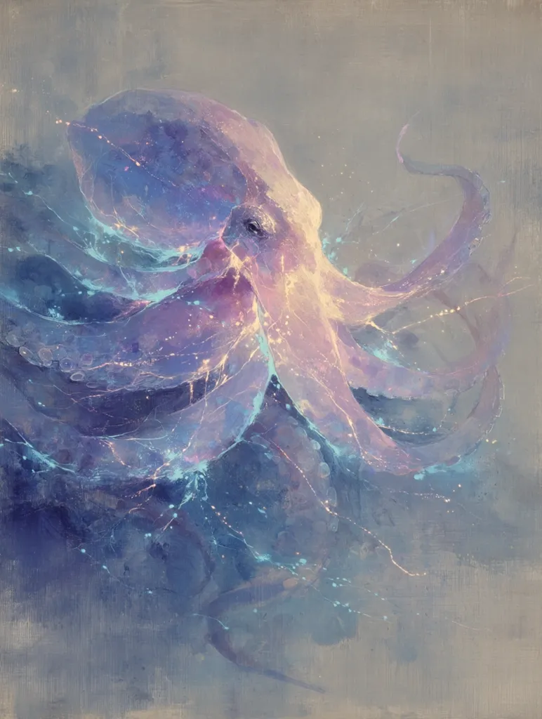 A dreamy, ethereal painting depicts a large octopus in shades of lavender and purple.  Its tentacles gracefully extend, appearing almost translucent, with hints of glowing turquoise accents. The background is a soft, muted grey-blue, creating a sense of depth and mystery in the underwater scene. The style is impressionistic, emphasizing mood and texture over precise detail.