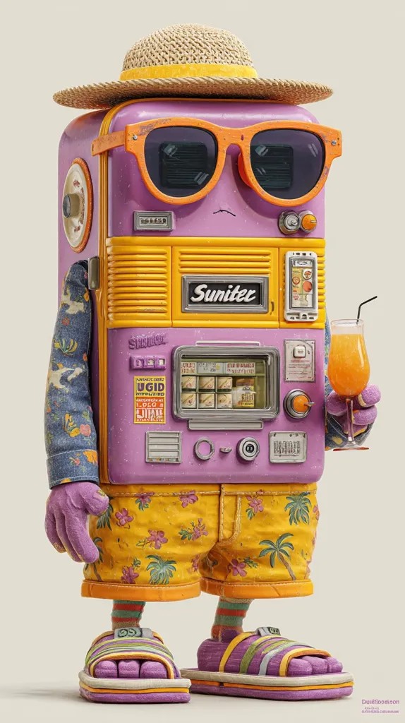 A whimsical 3D-rendered character, resembling a vintage vending machine, is depicted.  It wears a straw hat, sunglasses, a floral shirt, and tropical-print shorts, holding a glass of orange juice.  The character's design blends retro aesthetics with playful elements, creating a quirky and summery vibe.  The color palette is vibrant and warm, dominated by yellows, oranges, and purples.