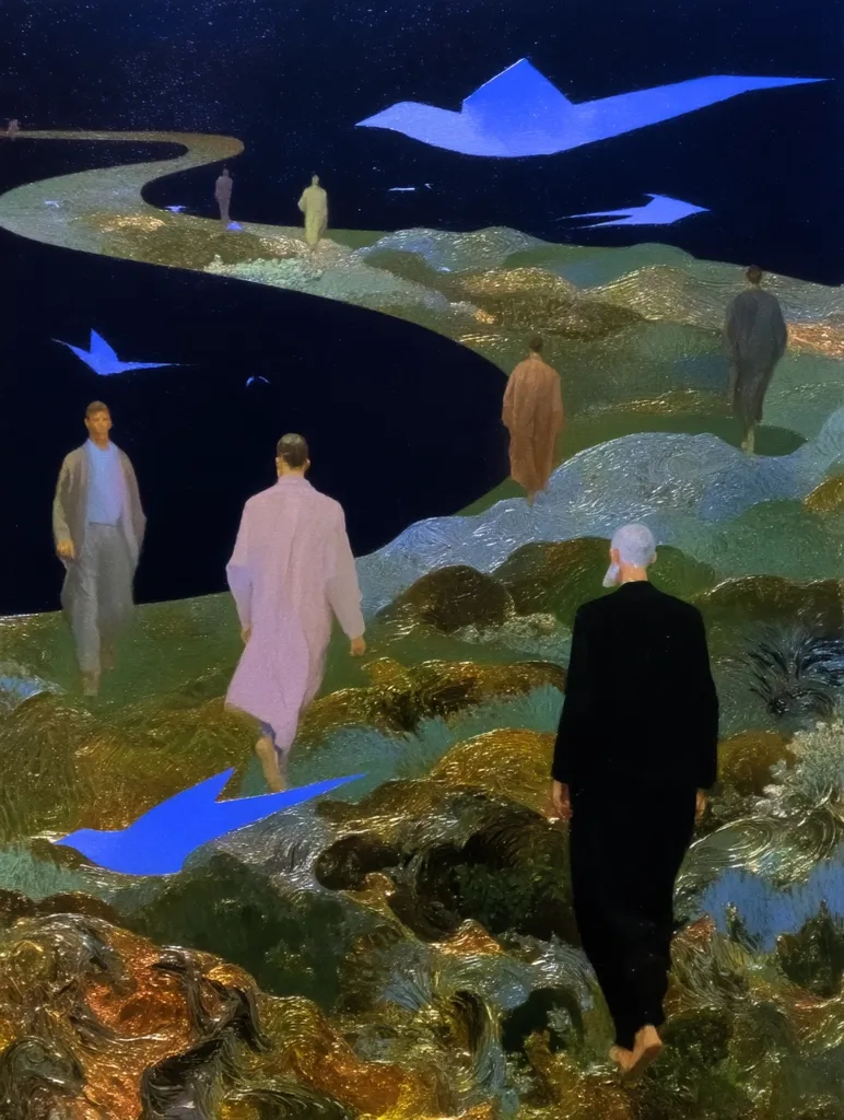 A surreal landscape painting depicts figures walking along a winding path across a textured, golden-green terrain.  Blue origami-like birds fly overhead against a dark blue sky dotted with luminous shapes.  The figures are dressed in muted tones, and one prominent figure wears black, walking towards the viewer. The overall atmosphere is serene yet enigmatic, suggesting a journey or pilgrimage.