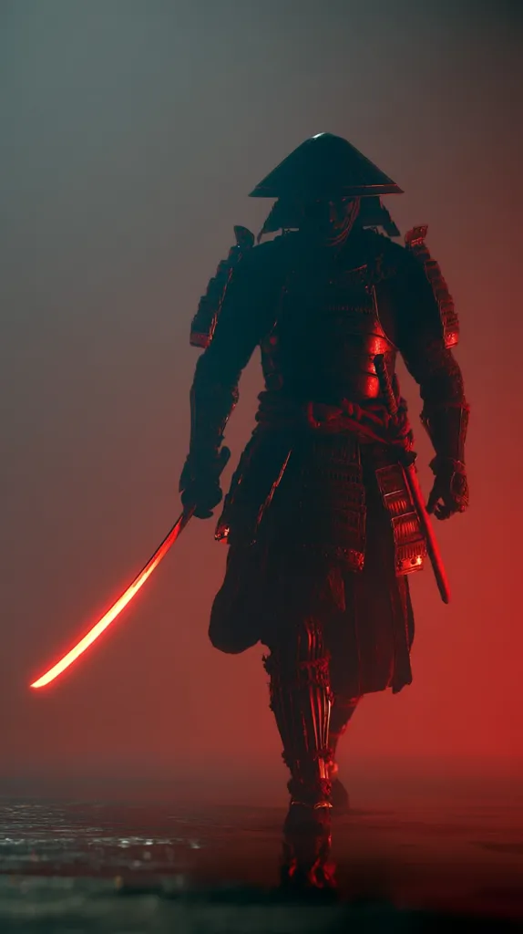 A samurai, clad in dark armor and a traditional helmet, strides forward.  His katana, glowing red, is sheathed at his side.  He is enveloped in a red-tinged fog, creating a dramatic and ominous atmosphere. The image is dark and moody, highlighting the samurai's silhouette and the weapon's fiery glow.  His presence commands attention, conveying both power and mystery.