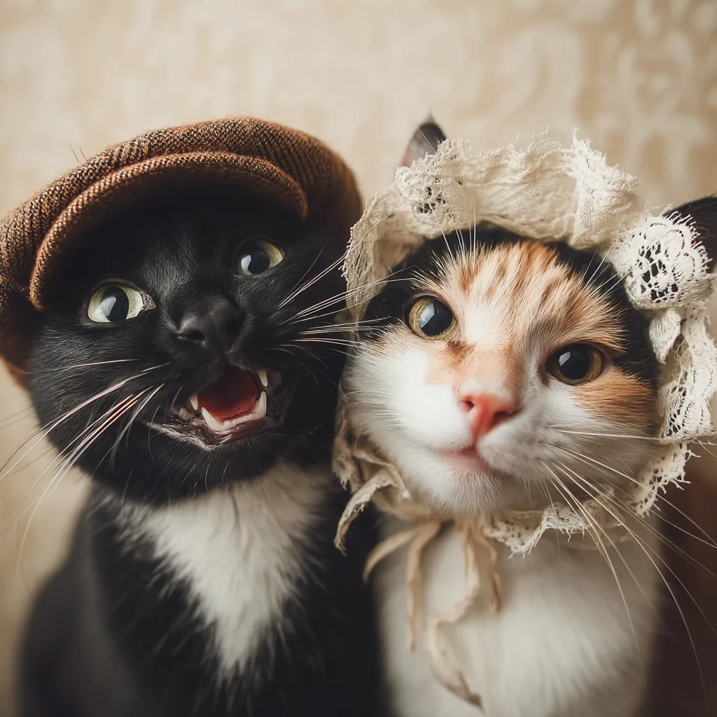 Two cats, a black one wearing a brown newsboy cap and a calico wearing a lacy bonnet, sit side-by-side.  The black cat's mouth is open in a playful expression, while the calico cat has a serene, almost smug look.  Both cats are in sharp focus against a blurred, neutral background.  The image evokes a vintage, whimsical feeling.