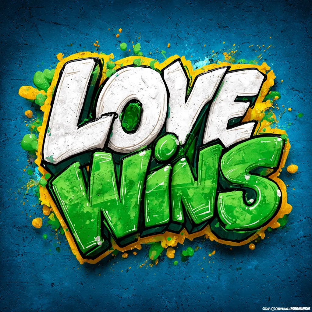 A vibrant graffiti-style artwork proclaims "LOVE WINS" against a textured blue background.  The word "LOVE" is rendered in bold white, while "WINS" is a bright, glossy green.  Yellow outlines and green and yellow paint splatters add to the energetic, street-art aesthetic. The overall effect is bold, positive, and visually striking.