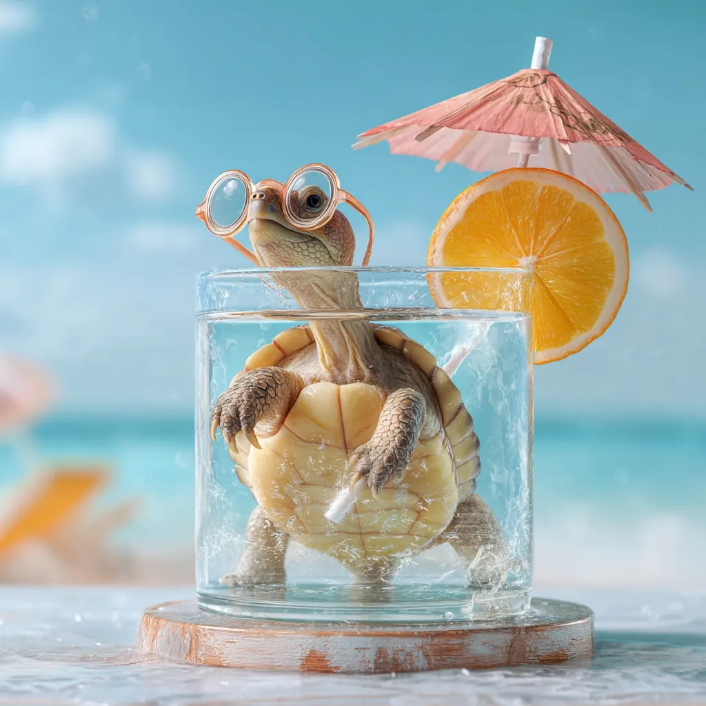 A small turtle, wearing spectacles, sits submerged in a glass of water.  A miniature pink parasol and orange slice garnish the drink, creating a whimsical beach scene. The turtle appears relaxed and content, enjoying its unusual summer beverage.  The background depicts a blurred beach with blue ocean. The overall image is humorous and visually appealing.