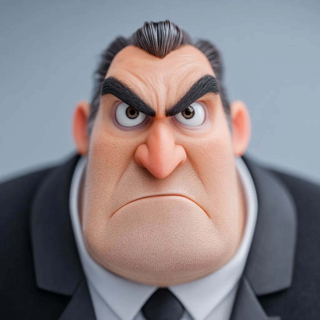 Close-up of a 3D-rendered cartoon man with a stern expression.  He has dark hair, a large, round face, and is wearing a dark suit and tie. His furrowed brows and narrowed eyes convey anger or displeasure.  The image is highly detailed, focusing on the character's facial features and texture.