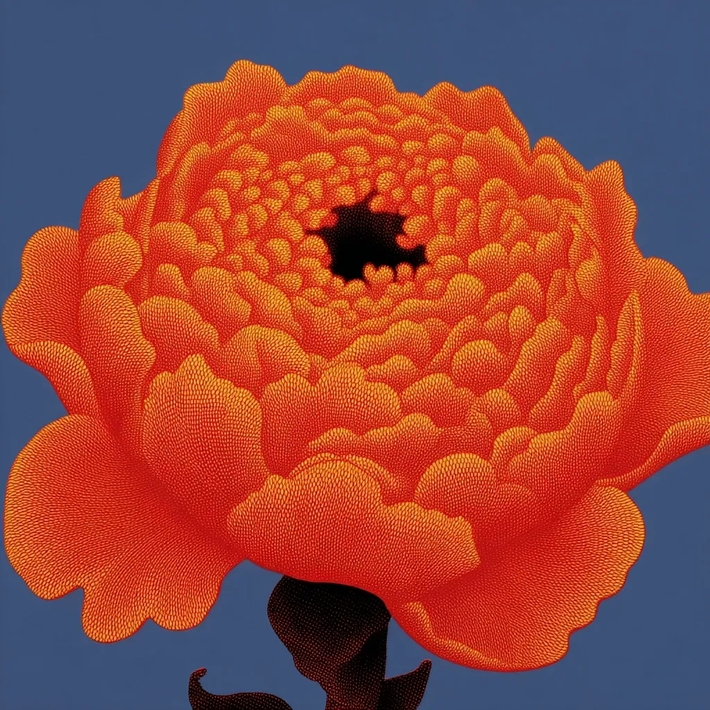 A vibrant orange peony dominates the image, its numerous petals meticulously detailed with a stippled texture.  The flower's central opening is dark, contrasting sharply with the bright, almost glowing petals.  The background is a muted blue, providing a calm backdrop to the bold flower. The style suggests a graphic print or illustration.