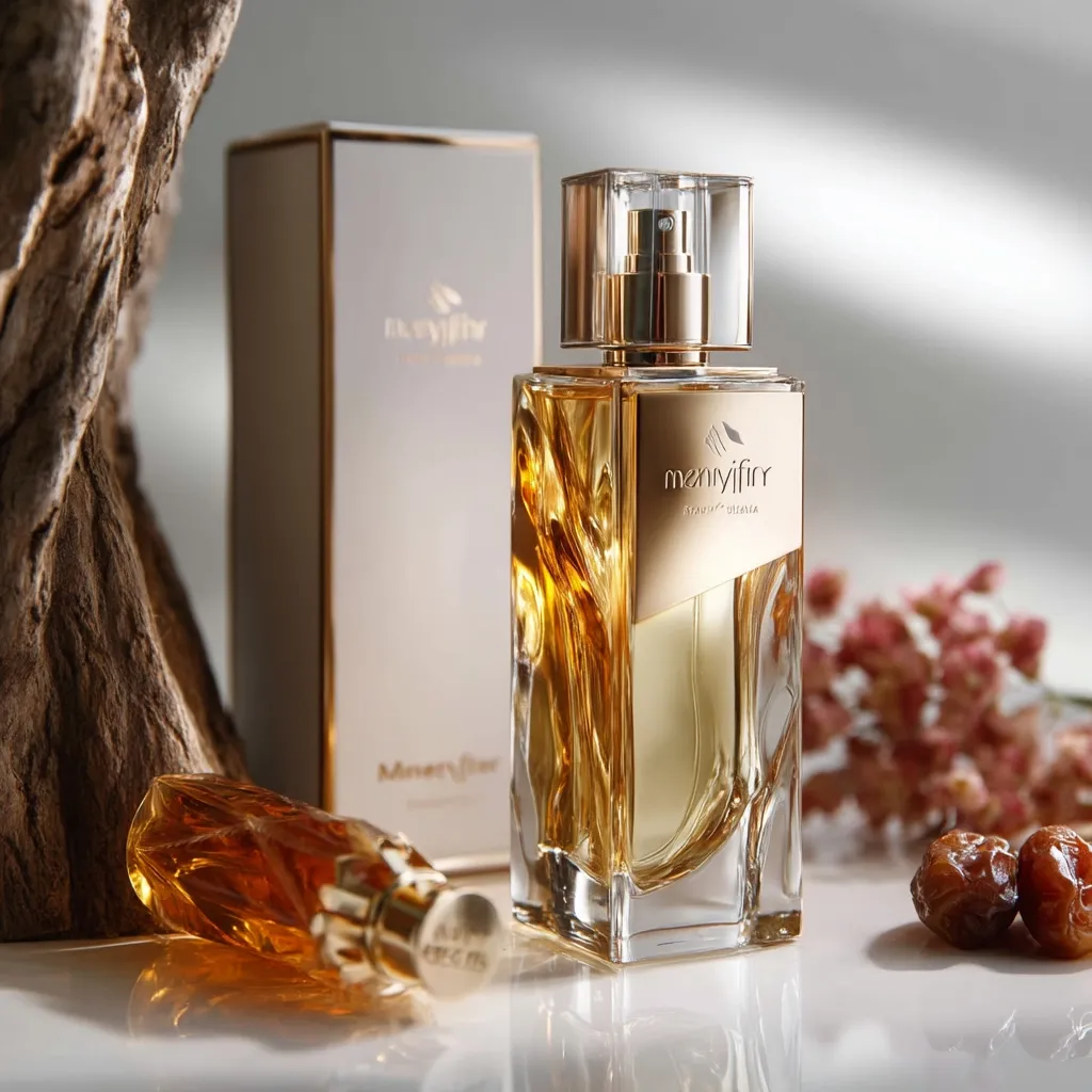 A product shot showcases Meniyifir perfume.  The amber-colored fragrance is housed in a sophisticated, faceted glass bottle with a gold-toned cap.  A smaller, similarly styled bottle rests beside it.  The perfume box, in soft beige, is partially visible in the background. The setting is minimalist, featuring a textured wooden surface and dried flowers, creating an elegant and luxurious aesthetic.