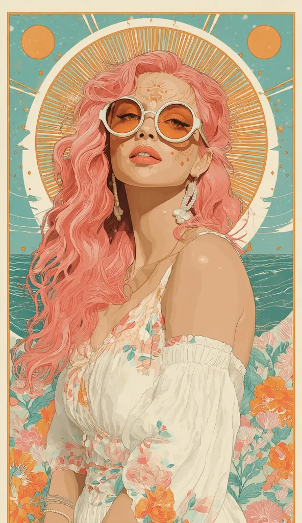 A stylized illustration depicts a woman with long, wavy pink hair wearing large round sunglasses and a floral off-the-shoulder dress.  She is framed by a sunburst and two celestial bodies, set against a teal background with a subtle ocean scene. The overall aesthetic is reminiscent of 70s retro style with a touch of whimsical fantasy.  Floral elements surround her, adding to the dreamy atmosphere.