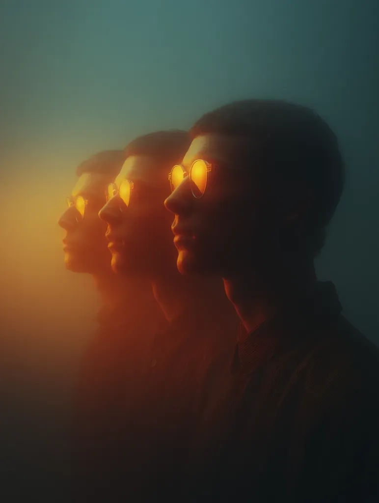 Three men stand in profile, their faces illuminated by an orange glow.  They wear dark clothing and sunglasses with bright orange lenses.  The hazy, atmospheric background suggests a dreamlike or surreal setting.  The image evokes a sense of mystery and anonymity, with the figures appearing almost identical. The overall mood is moody and contemplative.