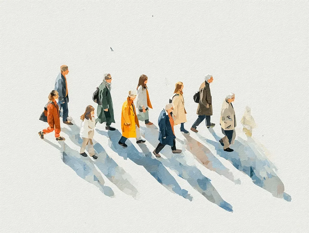A watercolor-style illustration depicts a group of people walking in a diagonal line across a light-colored surface.  Their long shadows stretch behind them, suggesting a bright, sunny day.  The individuals are dressed in various coats and attire, showcasing a range of styles and ages. The overall impression is one of peaceful movement and everyday life.