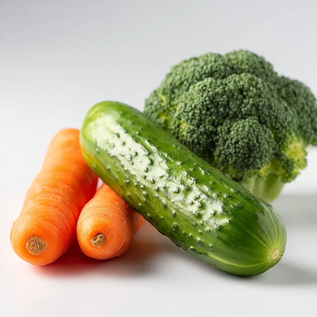 A vibrant still life featuring fresh vegetables.  Two bright orange carrots lie nestled beneath a dark green cucumber, which rests partially atop a head of broccoli.  The vegetables are arranged on a clean, white background, highlighting their natural colors and textures. The image suggests health, freshness, and the bounty of nature.