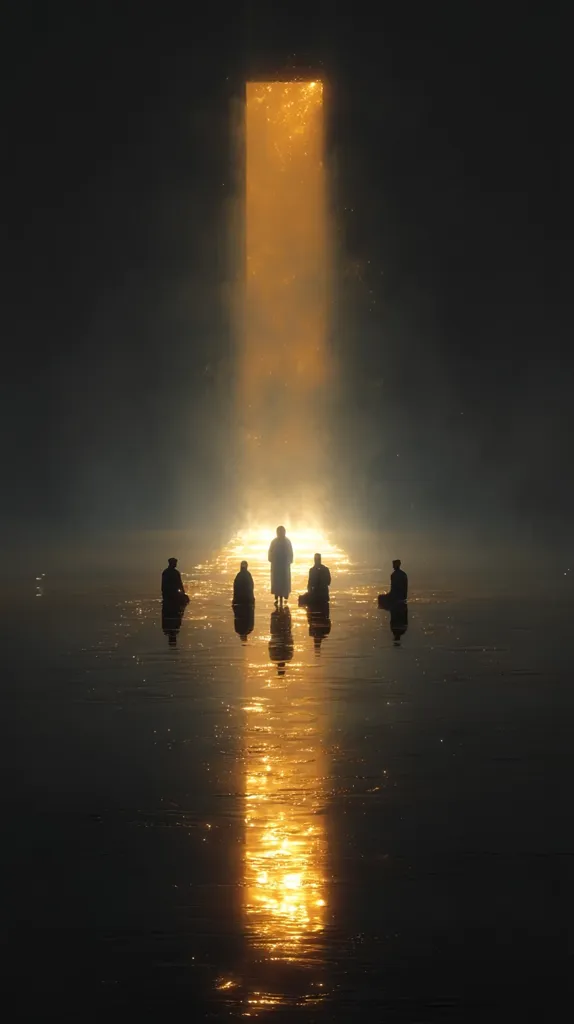 Five silhouetted figures stand in shallow, still water. A bright, golden light emanates from a rectangular opening above them, casting a luminous path across the water's surface.  The scene is dark and atmospheric, creating a sense of mystery and reverence. The figures appear contemplative, facing the light source. The overall effect is one of spiritual contemplation or a symbolic passage.