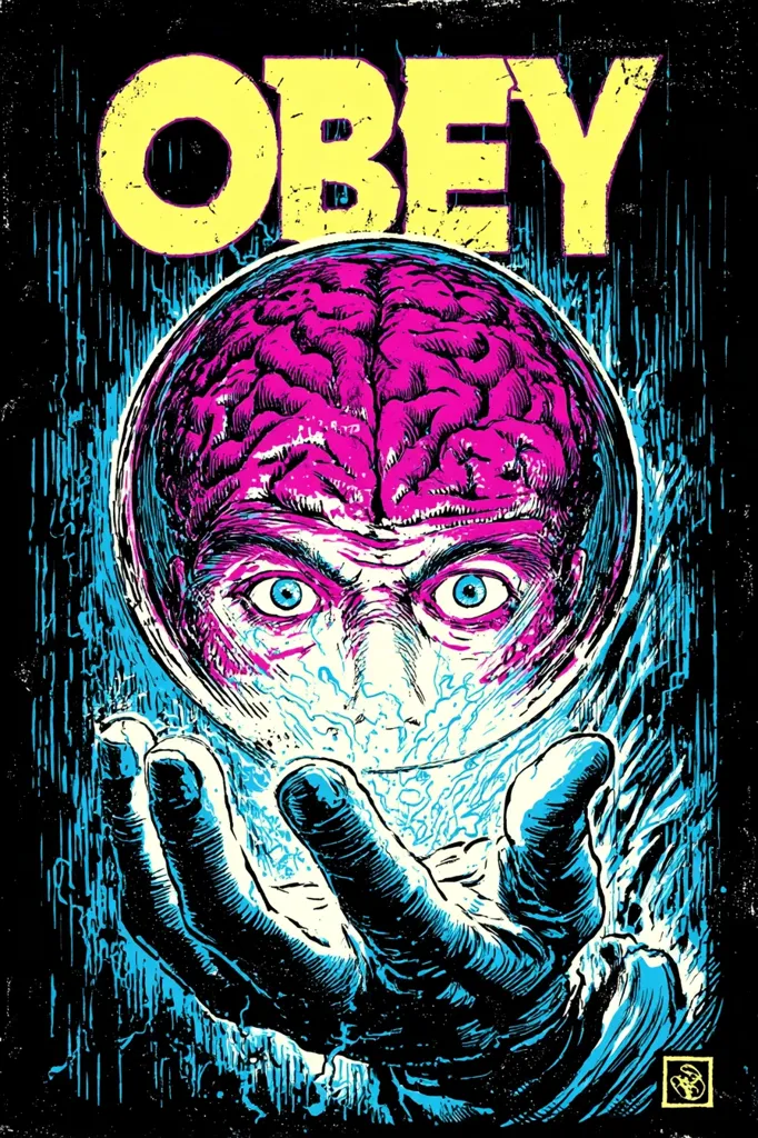 A vibrant, stylized artwork featuring the word "OBEY" in bold yellow lettering.  A hand emerges from darkness, cradling a glowing orb containing a detailed, pink brain with a human face. The image is rendered in a bold, graphic style with contrasting colors and textures, evoking a sense of mystery and control. The overall effect is striking and visually compelling.