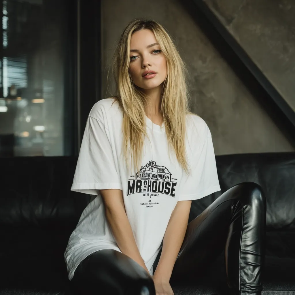 A blonde woman with long hair sits on a black leather couch. She's wearing a white oversized t-shirt with a black graphic design and black leather leggings. The setting appears to be a stylish, dimly lit interior. Her expression is serious and her gaze is directed towards the viewer.  The overall mood is sophisticated and slightly edgy.