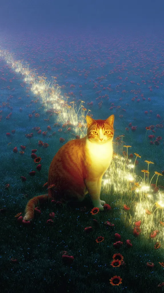 A ginger cat sits serenely in a field at twilight.  Glowing, ethereal flowers line a path behind the cat, their light illuminating it.  The scene is dreamlike and peaceful, the colors muted and soft, creating a magical atmosphere.  The cat seems to be the focal point of this fantastical landscape.
