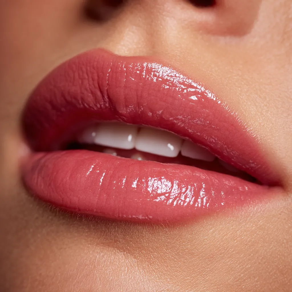 Close-up of a woman's lips wearing glossy, rose-toned lipstick.  The lipstick has a high shine, accentuating the full, smooth texture of her lips. Her teeth are bright white, contrasting beautifully with the muted pink shade. The image focuses on the detail and texture of the makeup and skin.