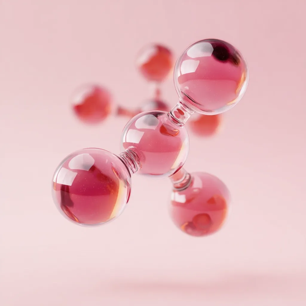 A stylized molecular structure floats against a soft pink background.  Transparent, spherical components filled with a pinkish liquid are connected by slender tubes, creating a three-dimensional, interconnected network. The image evokes a sense of science, beauty, and possibly skincare or cosmetics.  The overall aesthetic is clean, modern, and elegant.