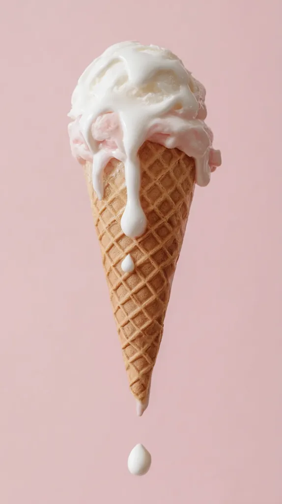 A melting ice cream cone hangs against a pale pink background.  The cone is filled with scoops of pale pink and white ice cream, with white melting down the sides and a single drop at the bottom. The waffle cone is crisp and golden brown. The image is clean, simple and visually appealing, evoking a feeling of summer sweetness.