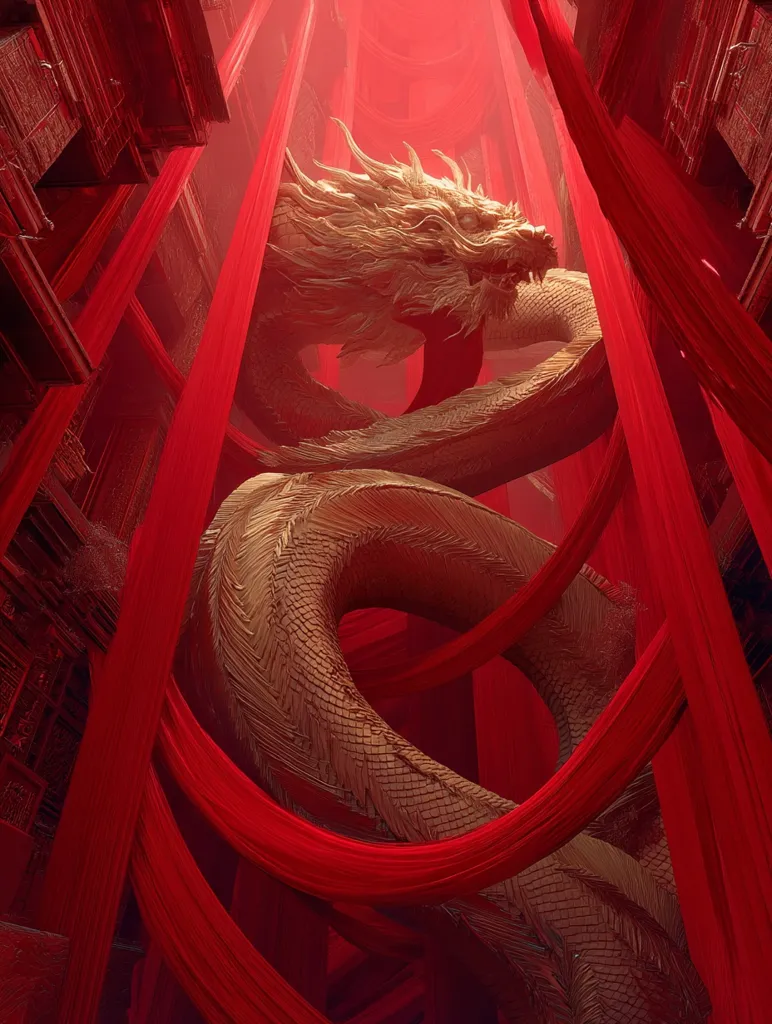 A colossal, golden dragon winds its way through a crimson-hued, architectural space.  Long, flowing red fabrics drape and intertwine around the dragon's body, creating a dramatic and almost claustrophobic atmosphere. The dragon's head is visible near the top, its expression powerful and slightly menacing. The scene is highly stylized, with a blend of realistic and surreal elements.
