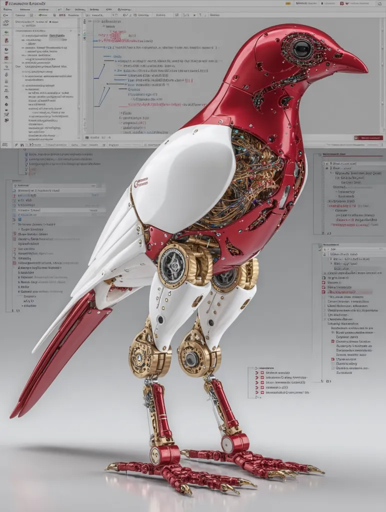 A meticulously detailed robotic bird, predominantly red and white, is depicted.  Its internal mechanisms are visible, showcasing intricate gears and wiring. The bird stands on articulated legs with gold accents, its body exhibiting a polished, metallic finish. The background features a computer screen displaying code, suggesting a digital design process. The overall image is striking in its blend of mechanical precision and artistic design.