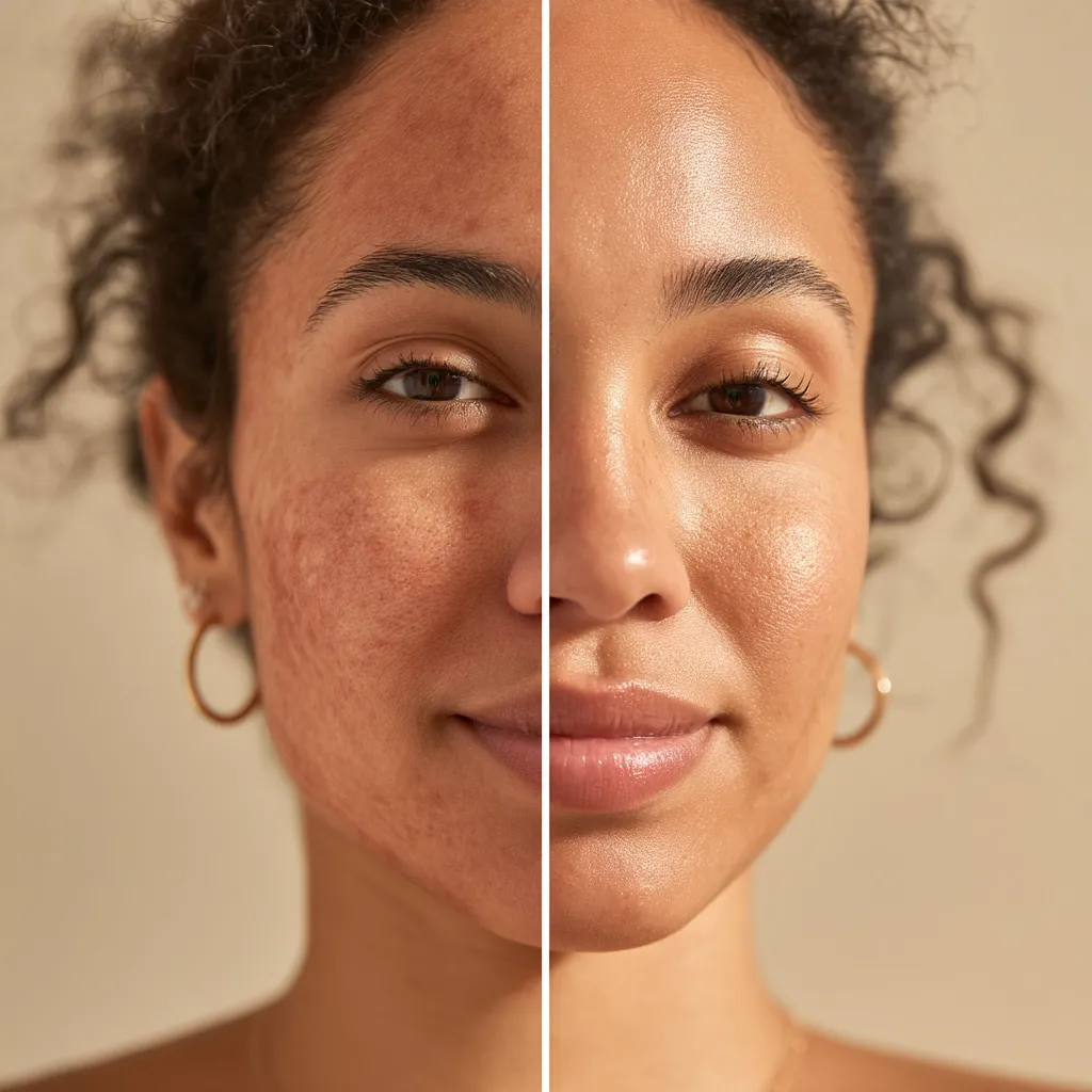 A split image showcases a woman's face, highlighting the transformative effects of skincare.  The left side reveals visible acne scarring and uneven skin texture.  The right side displays a clear, even complexion with a healthy glow, demonstrating a significant improvement in skin condition.  The before-and-after comparison emphasizes the effectiveness of a skincare routine or treatment.