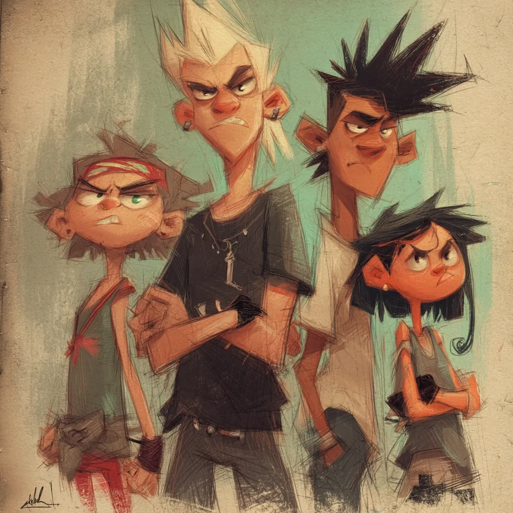 A stylized illustration depicts four teenagers, possibly a band, with distinct personalities.  The central figure is a blonde-haired boy with arms crossed, wearing a black t-shirt.  Flanking him are a girl with short dark hair and another boy with spiky black hair.  To the left is a shorter, red-banded boy. All appear sullen and defiant, their expressions and postures suggesting a rebellious attitude.  The artwork is textured, giving it a rough, sketched appearance.