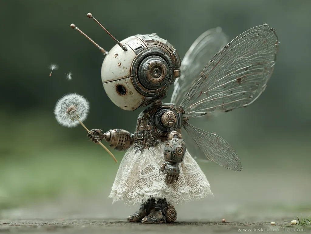A charming steampunk-style robot fairy, delicately crafted with metallic gears and a lace dress, holds a dandelion.  Its transparent wings and round head add to its ethereal quality.  The scene is set outdoors, suggesting a whimsical blend of technology and nature.  The image's detail showcases intricate craftsmanship, emphasizing both the robot's mechanical elements and its delicate features.