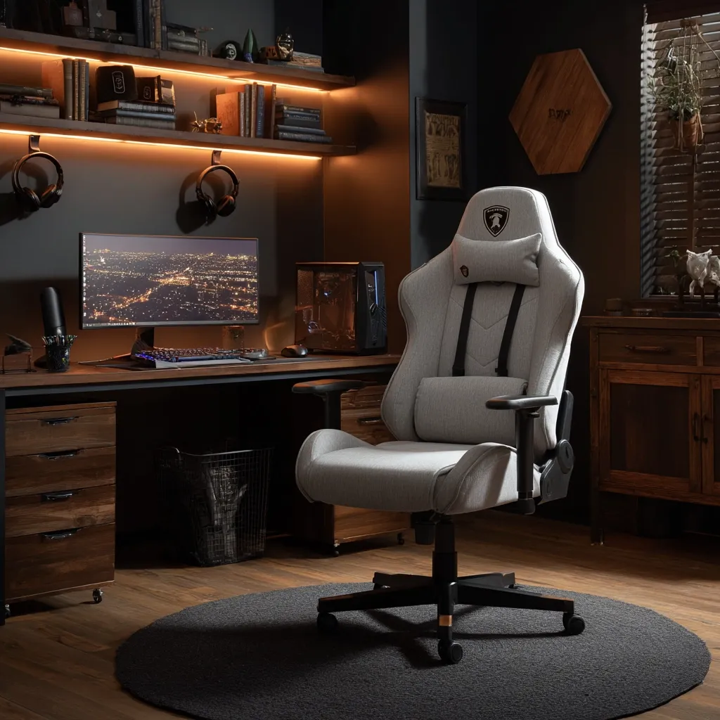A stylish gaming setup features a grey Lamborghini-branded gaming chair positioned before a dark wood desk.  The desk holds a computer monitor displaying a city nightscape, keyboard, and mouse. Warm lighting accentuates built-in shelves filled with books and gaming accessories. The room's dark tones create a sophisticated and focused atmosphere. A dark grey circular rug anchors the chair and desk.