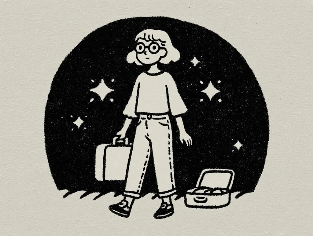 A stylized illustration depicts a young woman with glasses and short hair, carrying a suitcase and a lunchbox. She's walking away from the viewer, set against a dark, starry night sky depicted as a large black circle.  The style is reminiscent of a vintage print or linocut, with bold black lines and a textured effect. The overall mood is one of quiet adventure or travel.