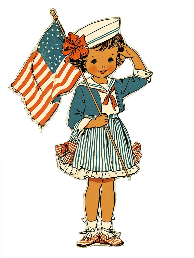 A cute illustration of a young girl dressed in a sailor outfit, saluting while holding an American flag.  She wears a blue jacket, striped skirt, and a sailor hat adorned with a red bow. Her shoes are checkered red and white.  The image is likely associated with patriotism and Independence Day celebrations.  The style is reminiscent of vintage children's book illustrations.
