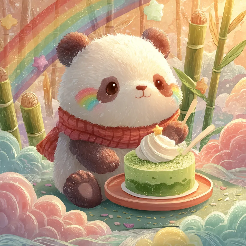 An adorable panda, wearing a red scarf, sits amidst a whimsical, pastel landscape.  A rainbow graces the background, and bamboo stalks surround the scene. The panda enjoys a small, green matcha cake topped with whipped cream, using tiny spoons. Soft clouds and pastel colors create a dreamy, enchanting atmosphere.  The overall style is cute and fantastical.