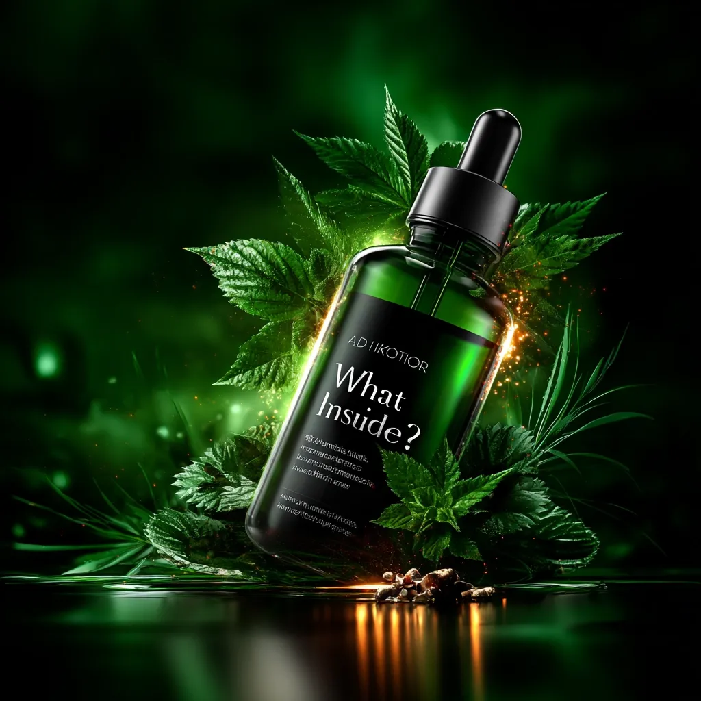 A dark green glass bottle of AD IKOTIOR serum is showcased.  The bottle features the text "What Inside?" and a list of ingredients. It's surrounded by lush green leaves, creating a natural, luxurious feel.  Sparkling particles add a touch of magic. The overall aesthetic is dark, moody, and sophisticated, highlighting the product's natural essence.