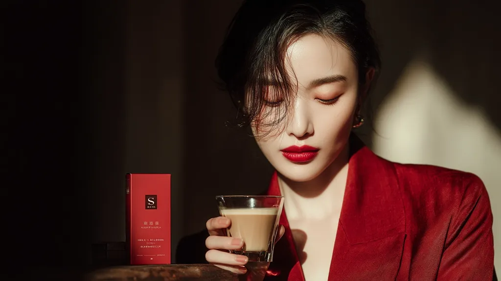 A woman with dark hair and red lipstick is dressed in a crimson blazer.  She gazes downward, holding a small glass of light brown coffee. A red box, featuring a stylized "S" and Asian text, rests on a dark surface beside her. The scene is bathed in dramatic lighting, creating a moody and elegant atmosphere.