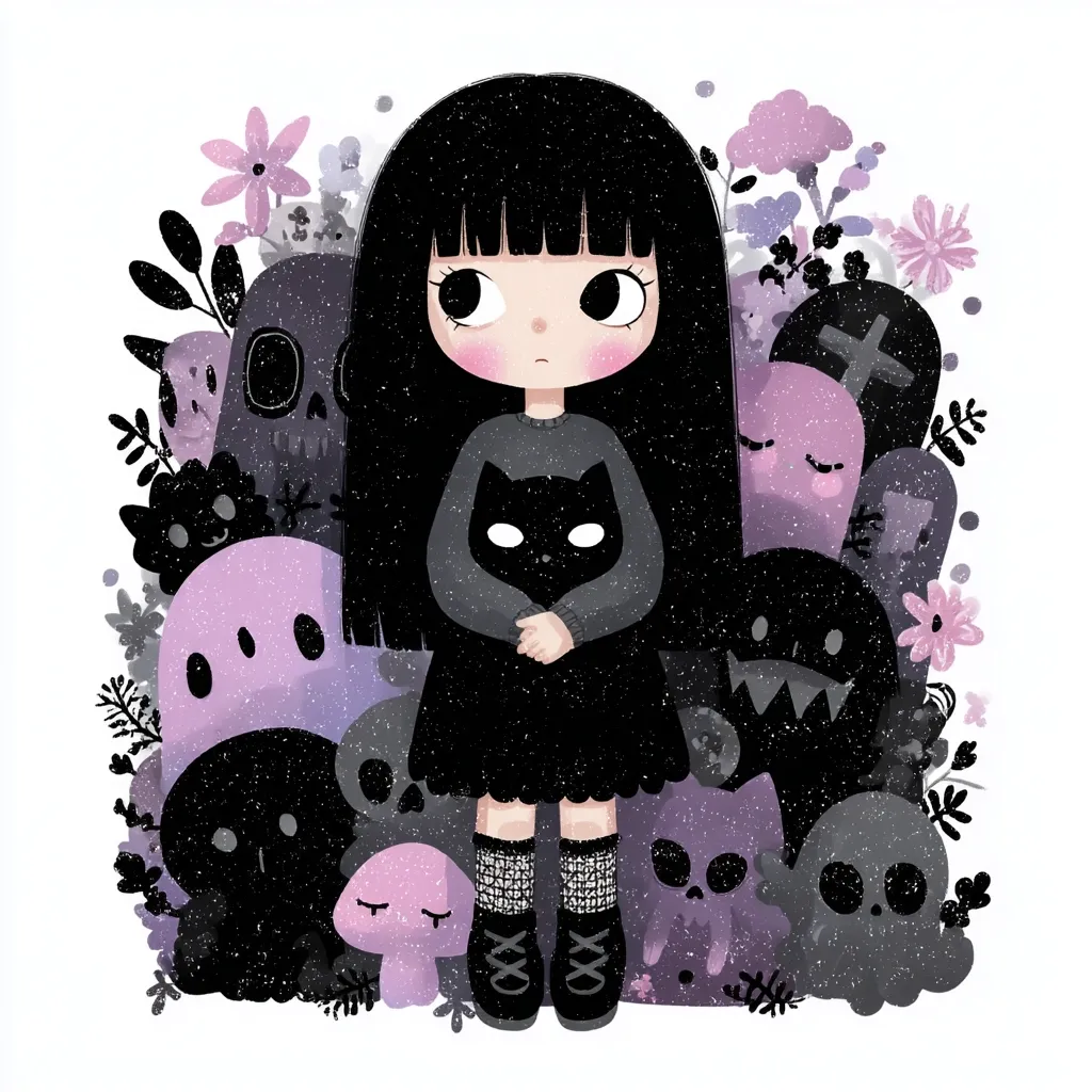 A cute, dark-haired girl in a black dress holds a black cat. She stands amidst a whimsical array of friendly ghosts, skulls, and flowers in shades of purple and black.  The overall style is cute and spooky, with a textured, slightly grainy aesthetic.  The image evokes a charmingly gothic or Halloween theme.