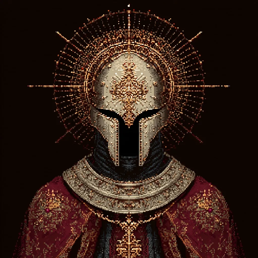A pixel art depiction of a regal figure, possibly a knight or religious leader, adorned in ornate gold and crimson attire.  The figure wears an intricately designed helmet, crowned with a radiant halo.  The dark background emphasizes the rich detail of the costume and the golden embellishments, creating a striking contrast. The overall style suggests a blend of medieval and sacred imagery.