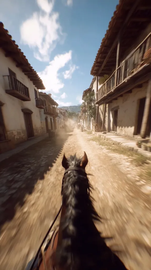 A first-person view of riding a horse through a dusty, sun-drenched street in a quaint, old-world town.  The buildings are Spanish colonial style, with whitewashed walls and terracotta roofs.  The horse's mane fills much of the foreground, creating a sense of speed and movement as the rider journeys through the narrow passage.  A slight haze hangs in the air, adding to the atmospheric effect.