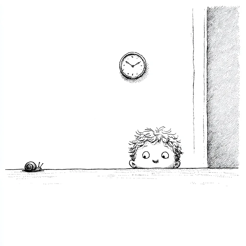 A child's head peeks from behind a low wall or surface, their eyes wide with curiosity.  A small snail crawls on the floor nearby.  A simple clock hangs on the wall in the background. The scene is drawn in black and white with a childlike, expressive style. The overall feeling is one of quiet observation and playful anticipation.